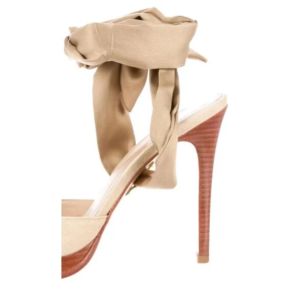 DESIGNER DIANE VON FURSTENBERG BEIGE SUEDE SATIN RIBBON ANKLE STRAP SANDALS 8.M - Picture 11 of 12